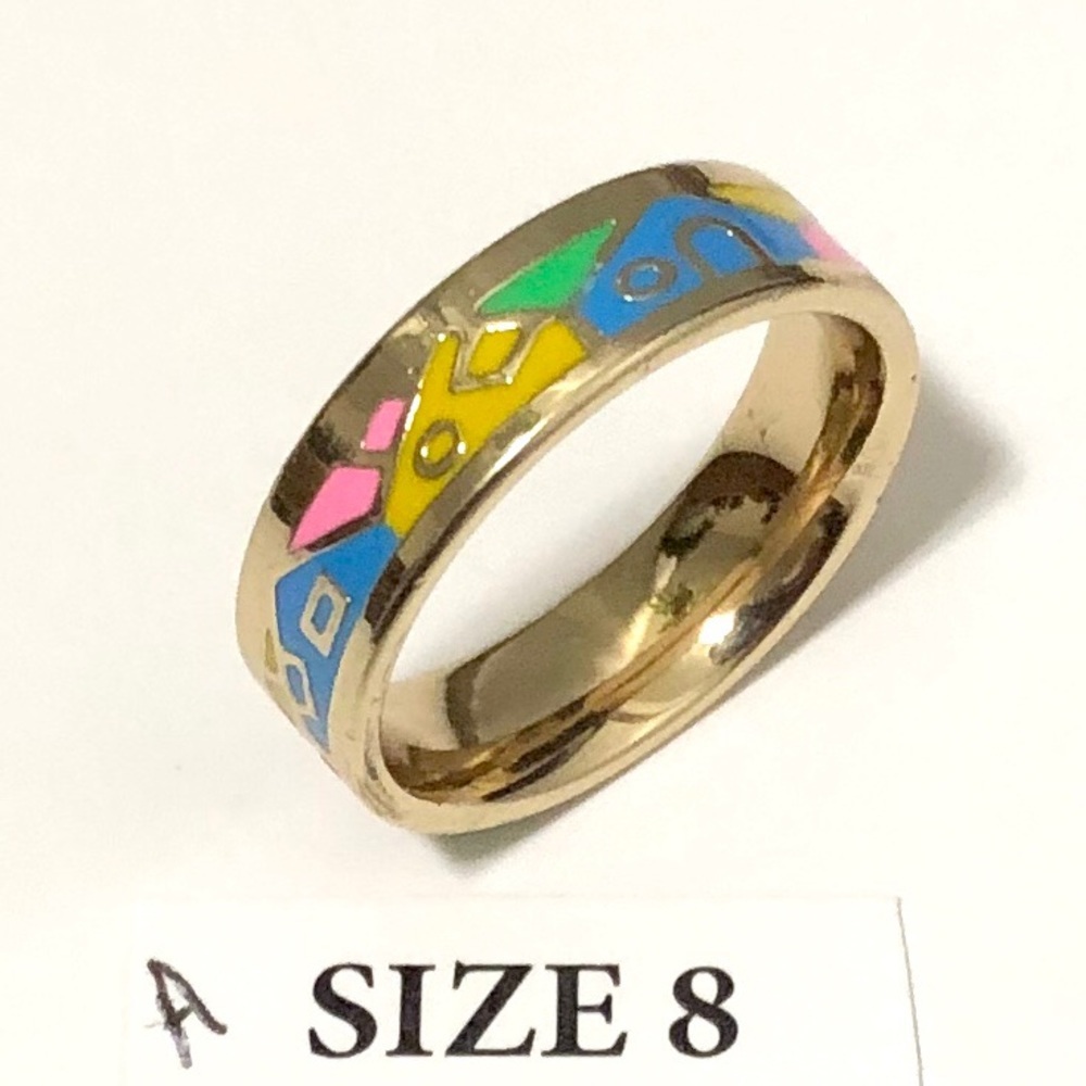 Gold Tone Ring with Mixed Colorful Enamels, Size 8